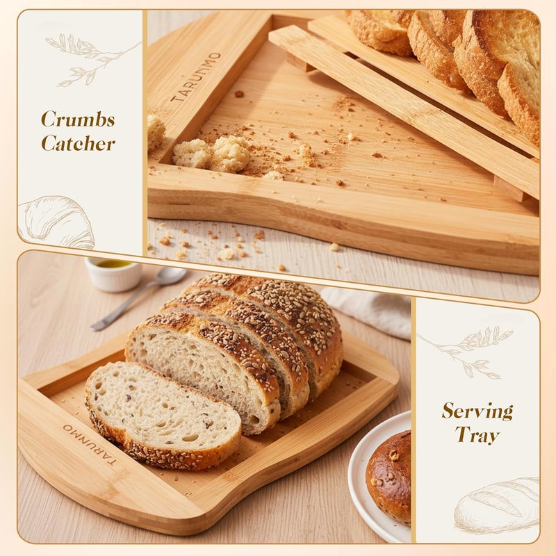 TARUNMO Bamboo Bread Slicer Cutting Board with Crumb Tray - Premium Natural Chopping Board for Sourdough & Homemade Loaves, 13"x10" Easy Clean, Doubles as Serving Tray - Image 3